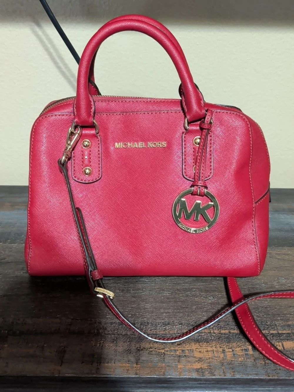 Michael Kors Red Saffiano Dome Satchel with Gold Hardware